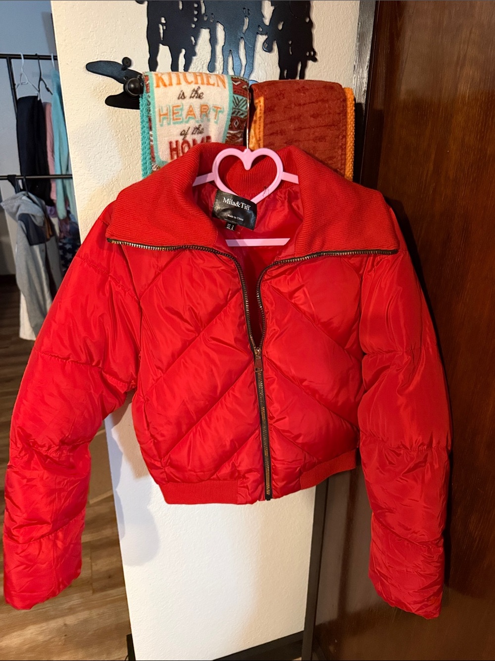 Mila & Tiff Bold Red Quilted Cropped Puffer